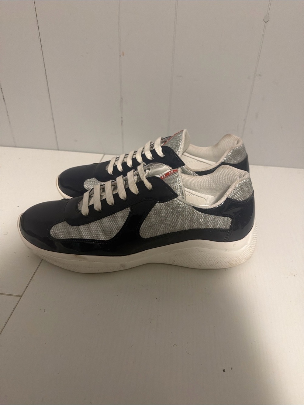 Prada Men's Navy and White Low-Top Sneakers
